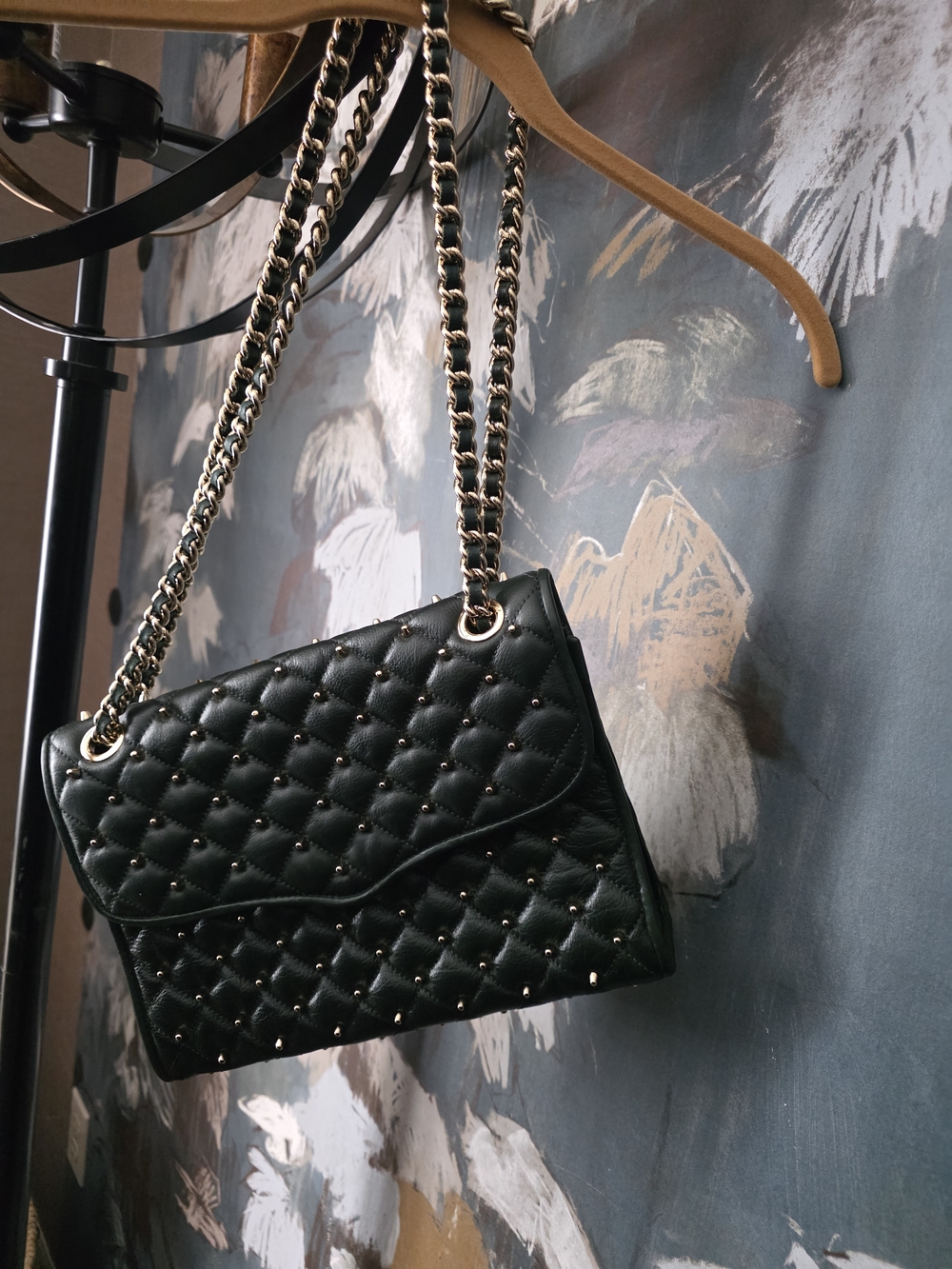 Rebecca Minkoff Deep Green Quilted Shoulder Bag with Gold Chain Straps